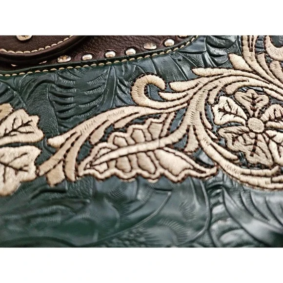 Montana West Buckle Shoulder Tote Purse Concealed Carry Rhinestones Brown Green - Picture 7 of 12